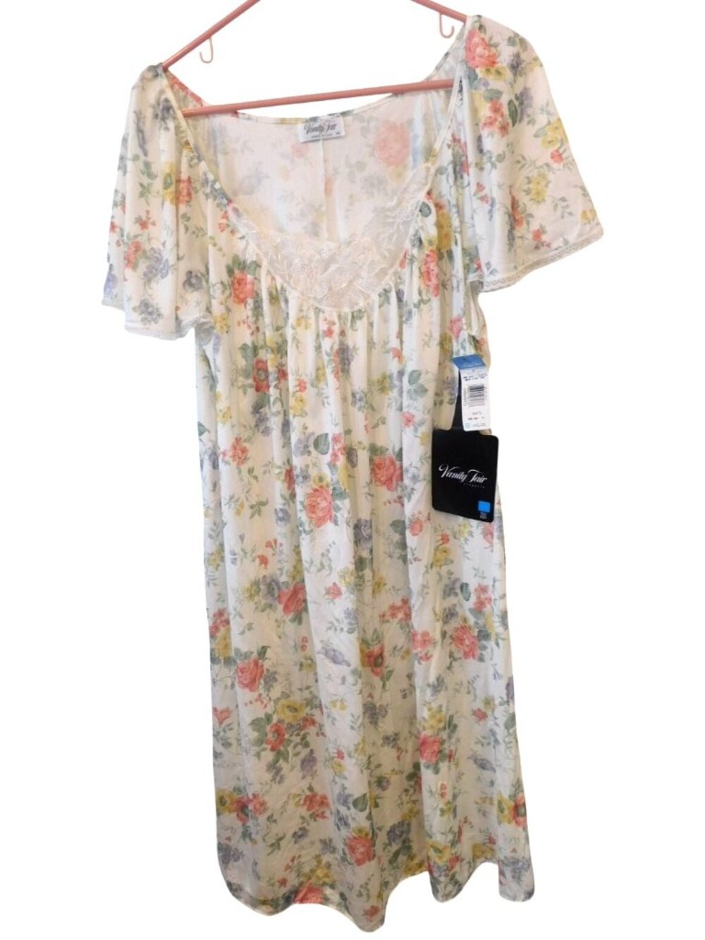 NWT Vanity Fair XL Floral Nightgown Lace Trim Made in USA Cottagecore Vintage